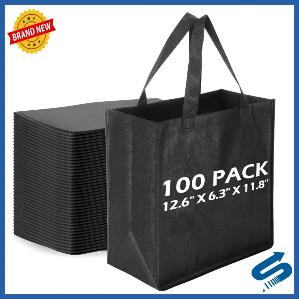 Reusable Non-Woven Tote Bags Set of 100 Foldable Grocery Shopping Storage